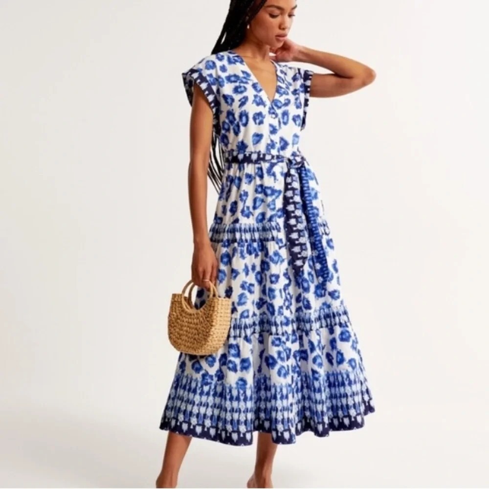Abercombie NWT Blue Patterened Tiered Midi Tie Waist Shirt Dress Small Petite
